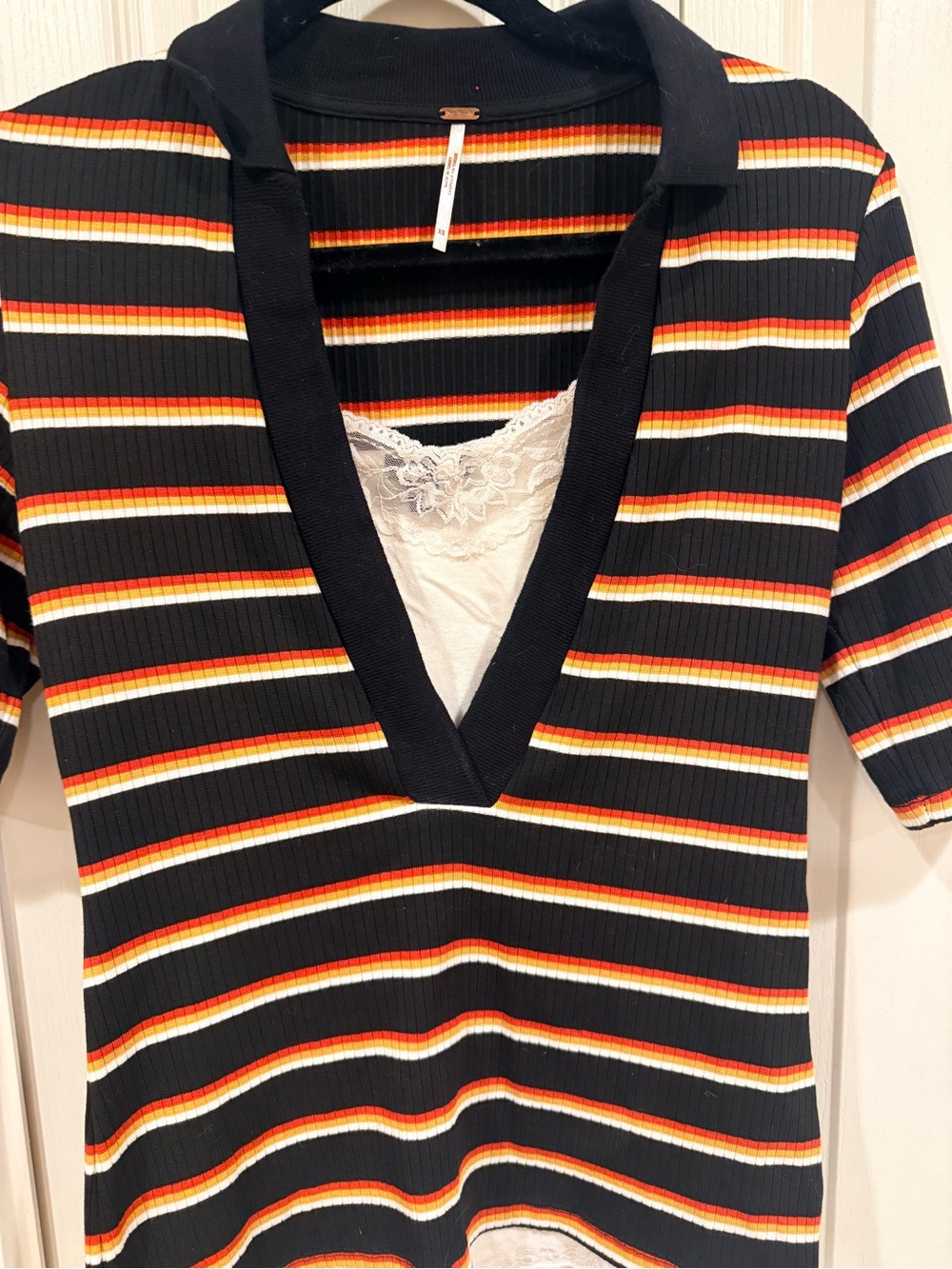 Free People Retro Striped Ribbed Polo Top | Deep V-Neck XS - Picture 3 of 5